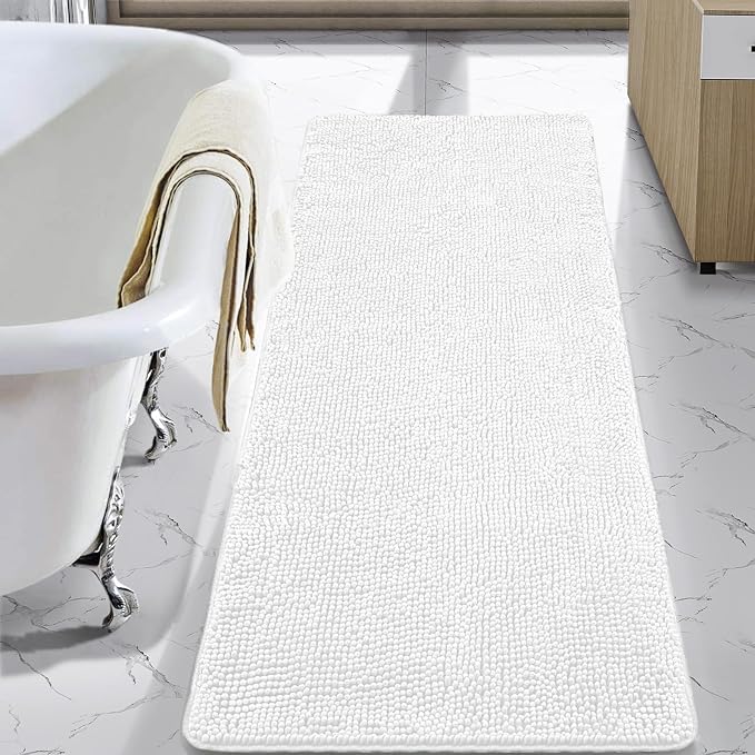 LOCHAS Luxury Bathroom Rug Shaggy Bath Mat 24 x 70 Inch, White | Washable Non Slip Bath Rugs for Bathroom Shower, Soft Plush Chenille Absorbent Carpets
