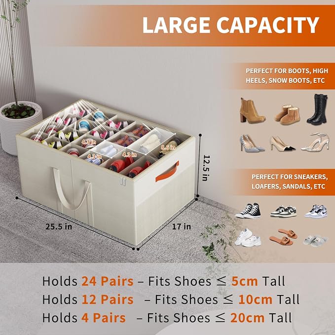 Aokeyee 2 Pack Shoe Organizer for Closet, Large Shoe Storage Box, Beige | Fits up to 48 Pairs, Stackable, Space Saving, Foldable, Shoes Organizer Bin with Clear Cover, 4 Reinforced Handles