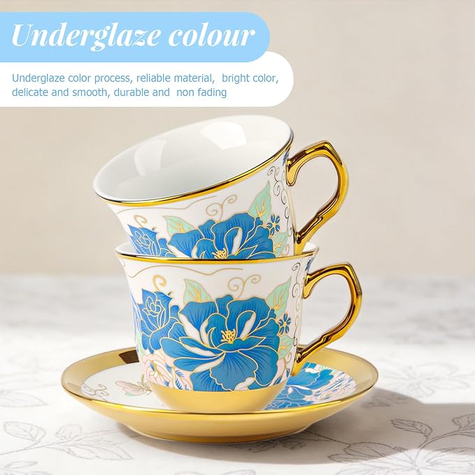 ALIMOTA 20 Pcs Porcelain Tea Set with Metal Holder and Spoon, European Ceramic Tea Set for Adults, European Flower Painting Teapot Cup Saucer Spoon Set for 6, Gift Pack (Blue and Pink)