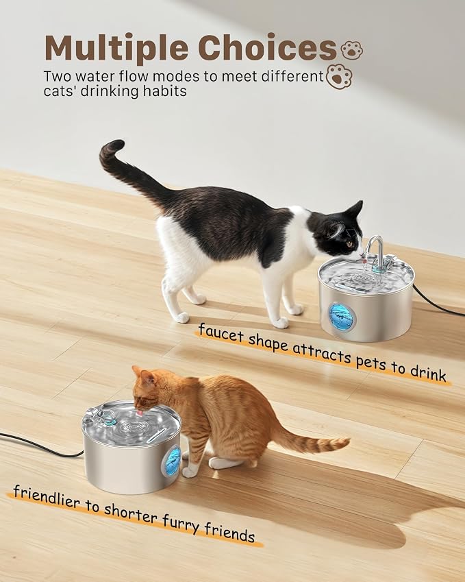 Pet Water Fountain Stainless Steel: 8 Filters + 8 Sponges Cat Water Fountains for Cats Indoor - Metal Cat Fountain Bowl - 74oz/2.2L Faucet Kitty Fountains & Led Light - Cats Pet Fountain for Drinking