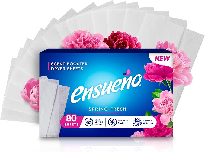 Ensueño Fabric Softener Laundry Dryer Sheets - Spring Fresh Scent - (6 Pack) 80 Count - Scent Booster Laundry Sheets - Softens Wrinkles & Reduces Static