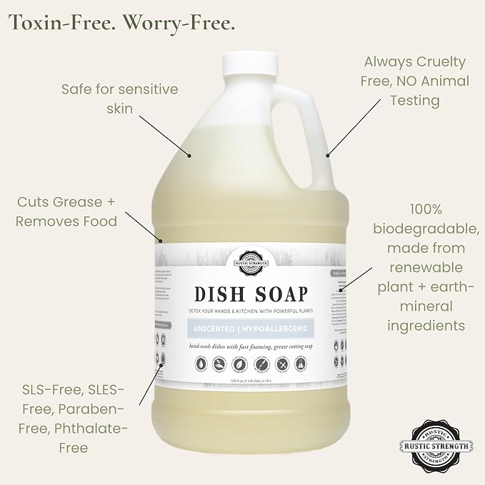 Rustic Strength Natural Dish Soap, Unscented, 64 oz Plastic | Plant-Based Concentrated Formula, Sensitive Skin, Biodegradable, Dye, Sulfate, Paraben,and Phthatlate Free, Septic Safe