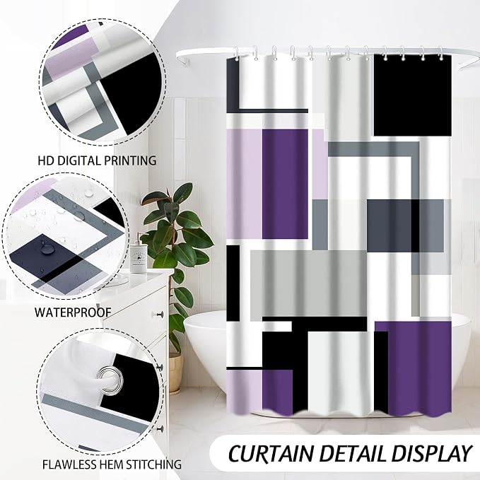 Lnond Purple Bathroom Set, 23-Piece Purple Black Geometric Bathroom Decor Set with with Shower Curtain and Rugs, Trash Can, Toilet Brush Holder Set & Soap Dispenser