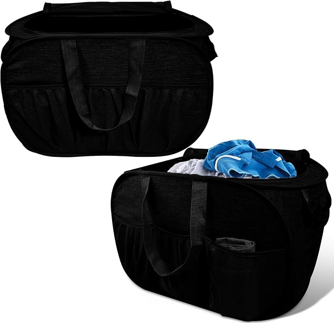 2 Pack Collapsible Laundry Baskets with Lid, Foldable Laundry Basket with Handy Pockets, Pop Up Laundry Hamper with Dual Handles, 99L Sturdy Hampers for Clothes, Groceries, Supplies, Tools, Black