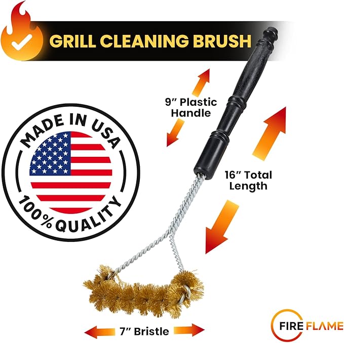 Fireflame BBQ Grill Brush – Non-Scratch Brass Bristles - 16-Inch Long Handle Barbecue Grill Cleaning Brush - Wide-Faced Spiral Heavy-Duty – Made in The USA