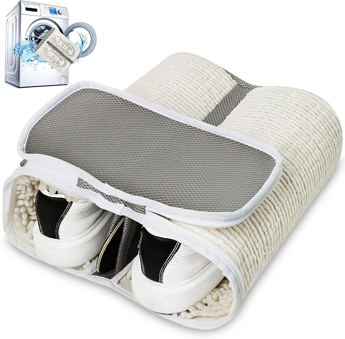 Shoe Washing Machine Bag for Sneaker Cleaning Laundry Shoe Bag, Beige | Dual Compartment, Full Protection, Clasp-Lock Zipper, Dense Chenille, Bound Edge & Seams