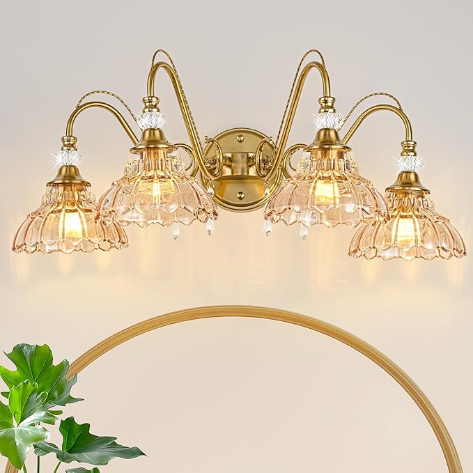 Vintage Bathroom Vanity Light, 4-Light Brushed Gold Finish Wall Sconce with Hanging Crystal Accents and Flower-Shaped Amber Glass Shades, Retro Wall Mount Vanity Light Over Mirror for Bathroom