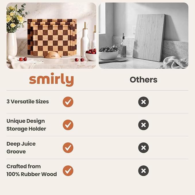 SMIRLY Cutting Board for Kitchen, 3 Pcs Rubberwood Cutting Board with Stand | Non Toxic Checkered Cutting Board with Juice Grooves and Handles, Multiple Sizes Wood Chopping Boards for Meal Prep