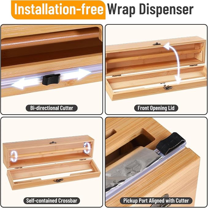 Allinside Magnetic Plastic Wrap Dispenser with Cutter and Labels, Aluminum Foil Holder, Wax Paper Storage Box for Refrigerator, Kitchen Bamboo Organizer Compatible with 12.9" Roll (1 Layer)