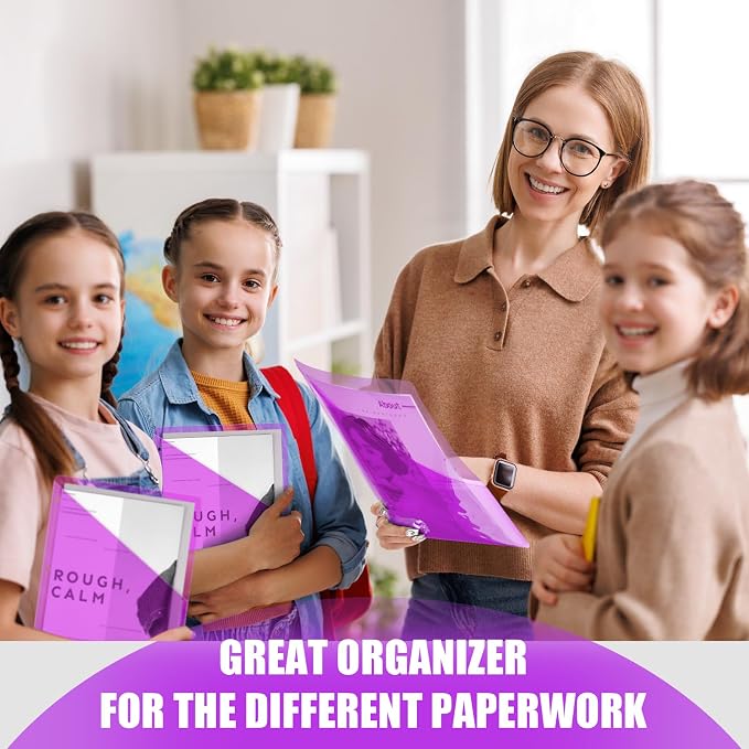 Seajan 48 Pcs Pocket Folders for 3 Ring Binder Clear Plastic Folders Sleeves with 2 Pockets 3 Hole Punch Binder Dividers Poly Slash File Jackets for Office School Document Organizer (Purple)