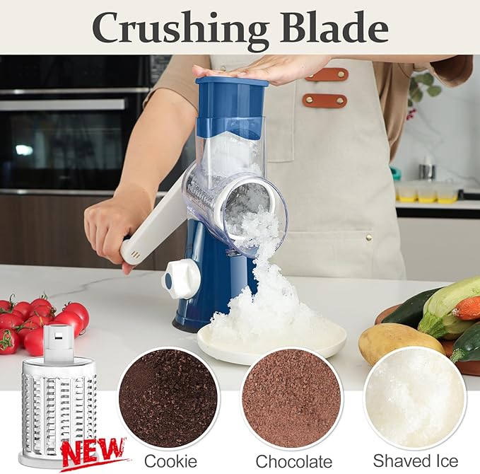 Cambom Rotary Cheese Grater Hand Crank Cheese Shredder for Fresh Cheese, Vegetable, Nuts,Non-slip Suction Base, Five Blades, Dark Blue