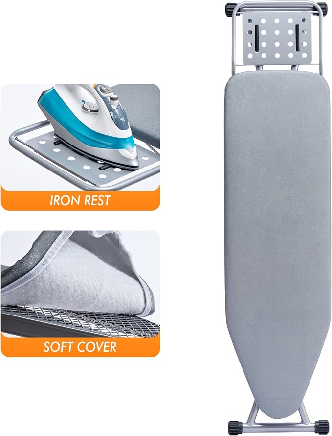 BKTD Ironing Board, Heat Resistant Cover Iron Board with Steam Rest, Non-Slip Foldable Ironing Stand. Heavy Sturdy Metal Frame Legs Iron Stand(13 * 34 * 53 Inches) (Silver Gray)