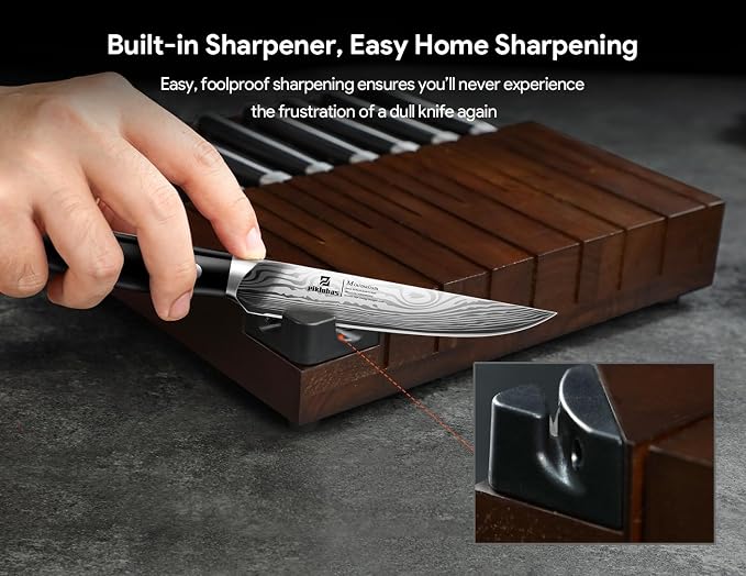 Steak Knives Set of 8 with Drawer Organizer Built-in Sharpener, 4.6 Inch Non Serrated Dinner Knife, Forged German Steel Damascus Pattern Straight Edge Meat Knife with Full Tang Handle, Black | 4.6 Inch Non Serrated Dinner Knife, Forged German Steel Dam...