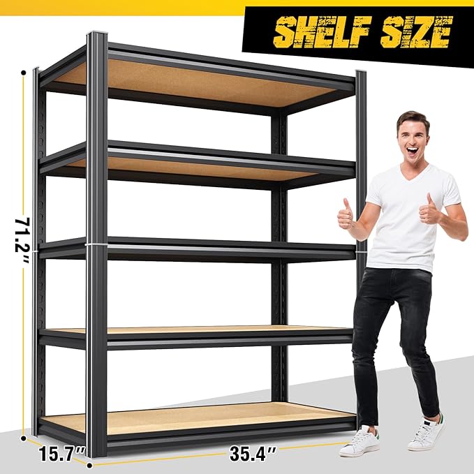 71" H x 35" W Garage Shelving, 5-Tier Adjustable Metal Storage Shelves, Utility Steel Storage Rack for Garage, Warehouse, Pantry, Basement, Industrial & Workshop Organization,15.7" D