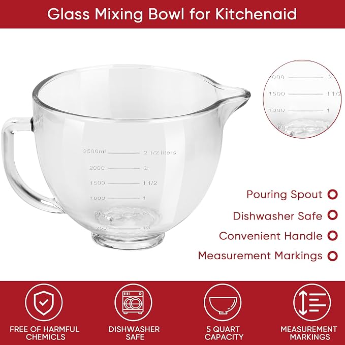 Tilt-Head Stand Mixer Glass Bowl, 5 QT,Compatible with Kitchenaid Artisan 5KSM125, 5KSM150, 5KSM175, 5KSM7580, KSM150, RRK150,K45, K45SS, KSM75, KSM90, KSM95,Classic without Lid