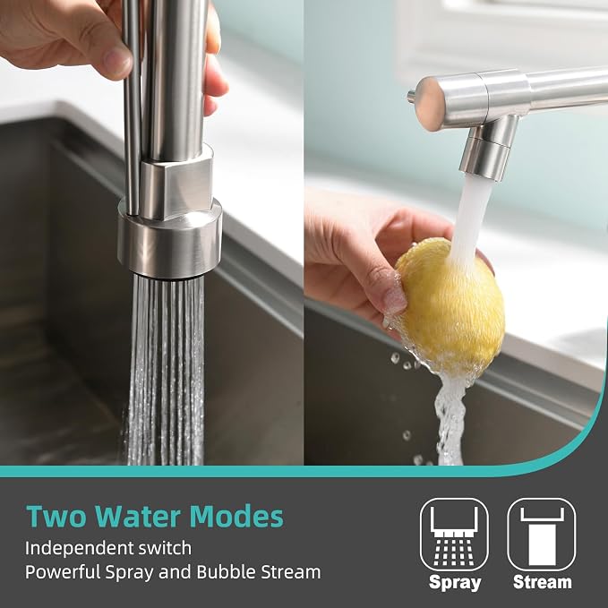 Kicimpro Faucet for Kitchen Sink, Commercial Kitchen Faucet with Pull Down Sprayer Brushed Nickel Spring Single Handle High Arc Stainless Steel Kitchen Bar Sink Faucet 1 Hole Or 3 Hole Compatible