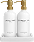 Luxury Glass Soap and Lotion Dispenser Set with Tray by Brighter Barns - Hand Soap Dispenser Bathroom Set & Stainless Steel Pump for Home or Airbnb - White and Gold Bathroom Accessories & Decor (Gold)