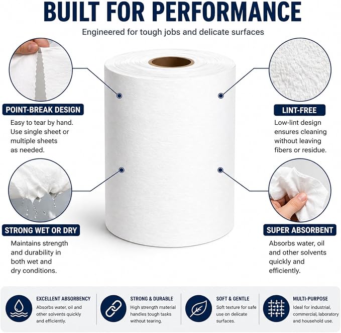 4 Rolls Industrial Cleaning Wipes Jumbo Roll, Heavy Duty Lint Free Shop Towels, Super Absorbent Reusable Cleaning Cloths for Garage Workshop Automotive, 500 Sheets 12"x 10" (White, 10"X12")