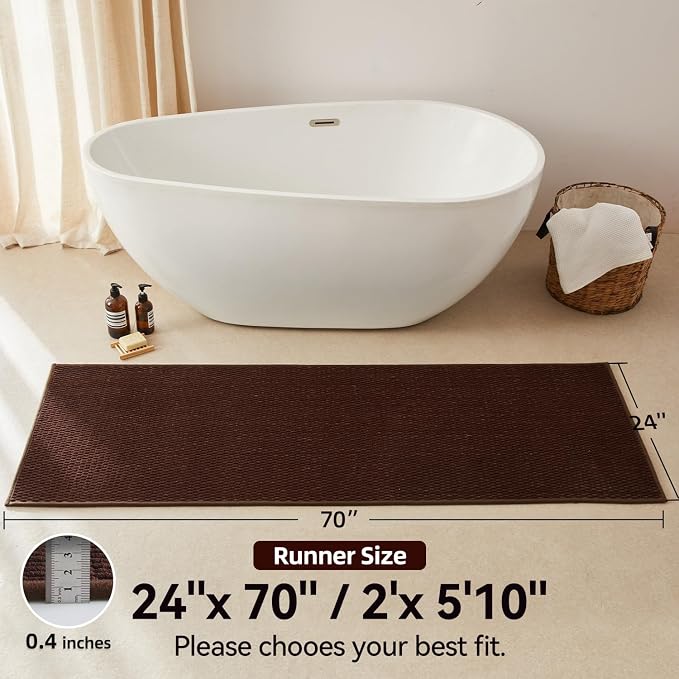 Triohero Bathroom Runner Rugs, Long Bath Mat Runner Washable Thin Quick Dry Low Pile Bathroom Runner Rugs Non Slip, Brown 24"x70"