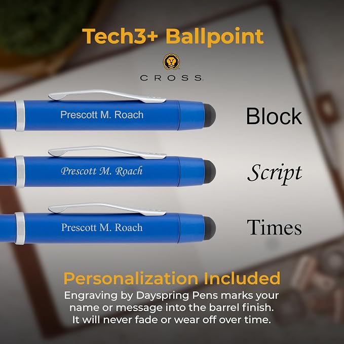 Cross Tech3+ Engraved Multifunction Pen, Metallic Blue, Black and Red Ballpoint plus Pencil, Stylus and Eraser, Silver Engraving Under Clip, Gift for Educators, Journalists, Graduation