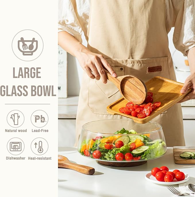 SoulTimes 4.7Qt Extra Large Glass Salad Bowl Set - Party Salad Bowls with Wood Base & Serving Utensils for Fruits, Pasta, etc. Clear Glass Bowl Set - Elegant Holiday Gift Choices