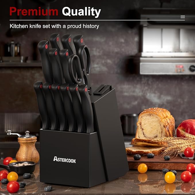 Knife Set, Astercook 15 Pieces Knife Sets for Kitchen with Block, Dishwasher Safe Kitchen Knife Set with Built in Sharpener Block, German Stainless Steel Kitchen Utensils Set