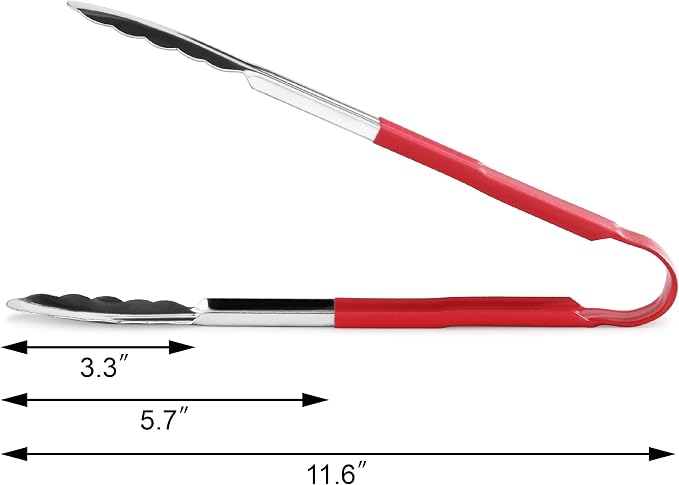 New Star Foodservice 12 Inch Utility Spring Tongs, Set of 12, Commercial Restaurant Grade Stainless Steel Tongs with Red Vinyl Coated Handles
