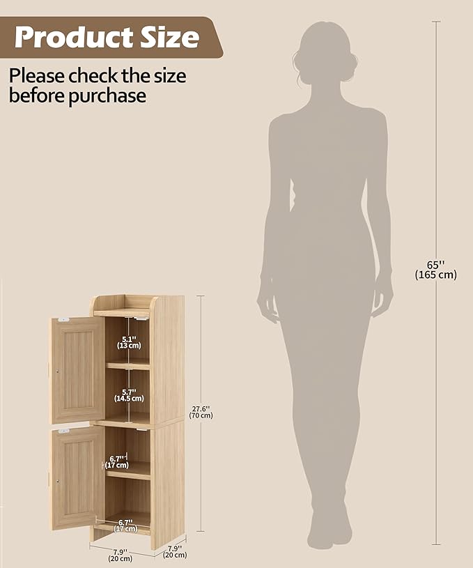 Akxomel Rattan Small Bathroom Cabinet Narrow Toilet Paper Organizer Oak | 7.9''D x 7.9''W Bathroom Organizer and Storage Cabinet for Small Space, Slim Corner Unit with Adjustable Shelf