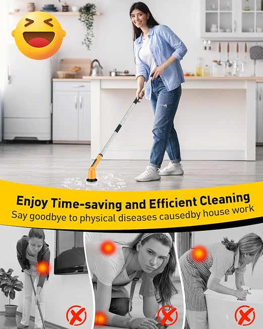 Electric Spin Scrubber for Cleaning Bathroom, Shower Scrubber Cordless Cleaning Brush with IPX7 Waterproof & 2 Speed, 3 Brush Heads, Bathroom Cleaning Supplies for Shower Tub Yellow
