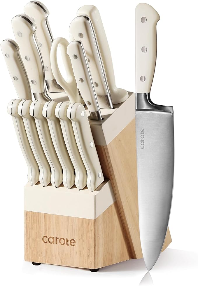 CAROTE 14-Piece Knife Set with Wood Block, Rust-Resistant, Cream | Razor-Sharp High Carbon Stainless Steel Knives, Long-Lasting Sharpness, Forged, Triple-Riveted Ergonomic Non-Slip Handles