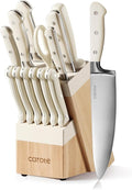 CAROTE 14-Piece Knife Set with Wood Block, Rust-Resistant, Cream | Razor-Sharp High Carbon Stainless Steel Knives, Long-Lasting Sharpness, Forged, Triple-Riveted Ergonomic Non-Slip Handles