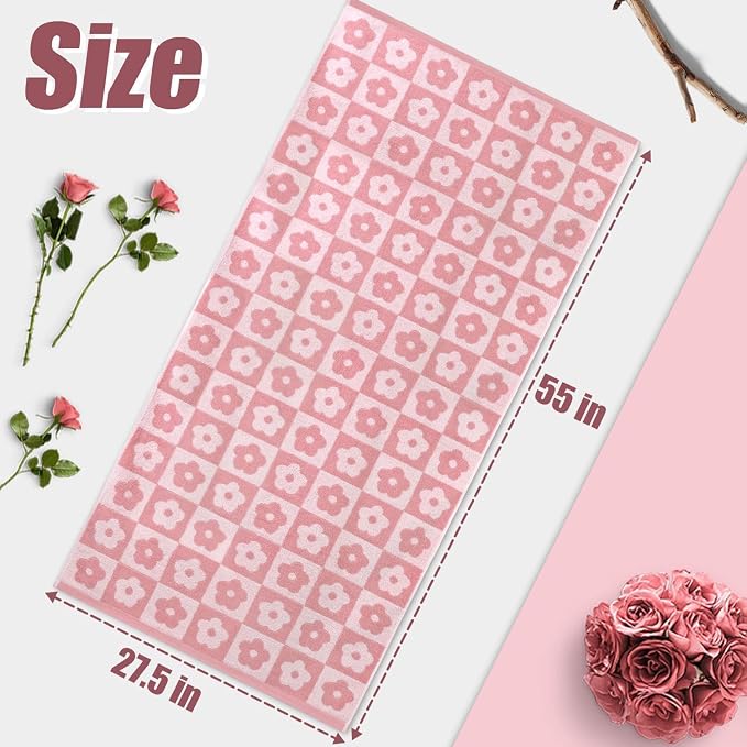 2-Pieces Luxury Bath Towels Checkered Floral, Pink Towels for Women Girls | Shower Body Towel 27.5x55 Inches, Bathroom Decor & Pool Days, Cotton