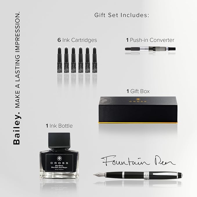 Cross Bailey Refillable Fountain Pen, Medium Nib Gift Set, Includes Fountain Pen, Ink Cartridges, Bottle Ink, Converter, Premium Gift Box - Black
