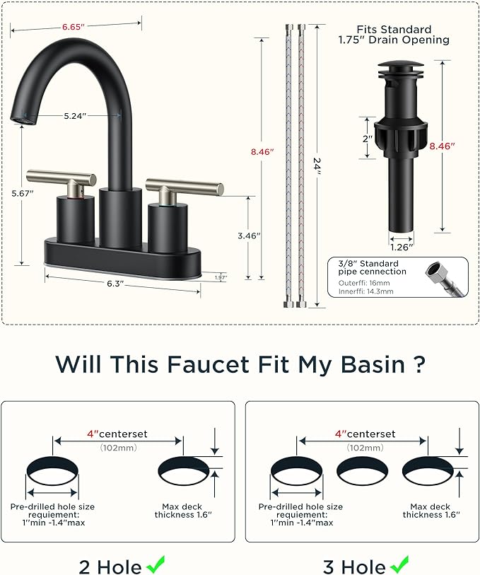 FORIOUS 4 Inch Centerset Bathroom Sink Faucet Black and Brushed Nickel, 2 Handle RV Bathroom Sink Faucet Matte Black 4" with Pop Up Dain, 24 in Hot and Cold Water Hoses, and 360 Degree Swivel Spout