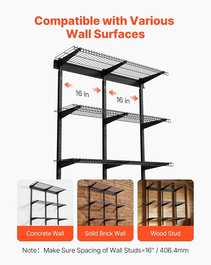 VEVOR 3-Tier Heavy Duty Wall Garage Shelving, 1 x 3 ft Steel Wall Mounted Shelving Unit, 11 x 36 Inch Per Shelf Floating Storage Metal Rack for Garage with 450 lbs Total Weight Capacity, Black