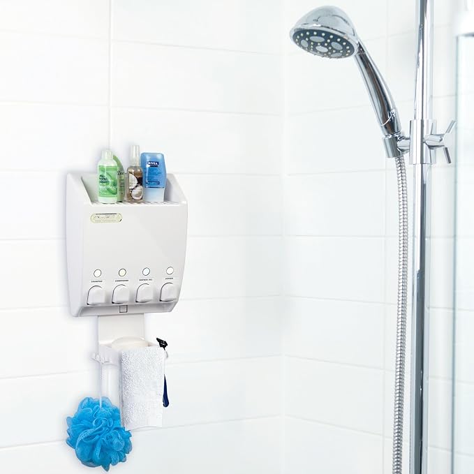 Better Living Ulti-Mate Shower Dispenser Caddy, 4 x 14.5 oz, White | Wall Mount 4 Chamber, Shower Dispenser for Bathroom, Shelf, Built-in Hooks & Soap Dish, No Drill