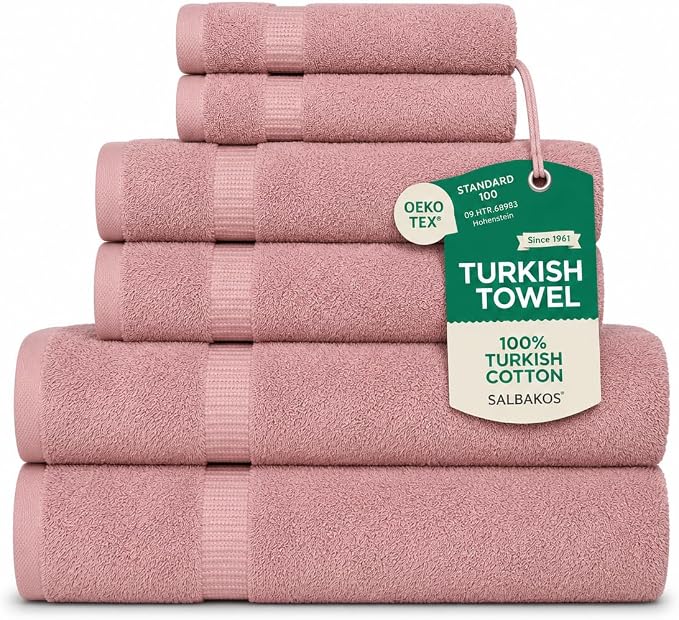 SALBAKOS 100% Turkish Cotton Bathroom Towel Set of 6-Piece, Rose | 630 Gsm Thick Super Soft Highly Absorbent 2 Bath + 2 Hand + 2 Washcloth Towels Sets, Giftable, Hotel Quality, Made in Turkey