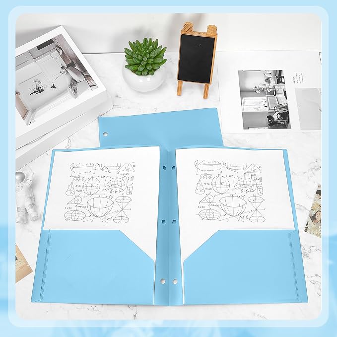 Yeaqee 50 Pcs Plastic Folders with Pockets Bulk 3 Hole Punched 2 Pocket File Folders for 3 Ring Binder Divider Folder for Notebooks, Durable Poly for Office Home (Light Blue)