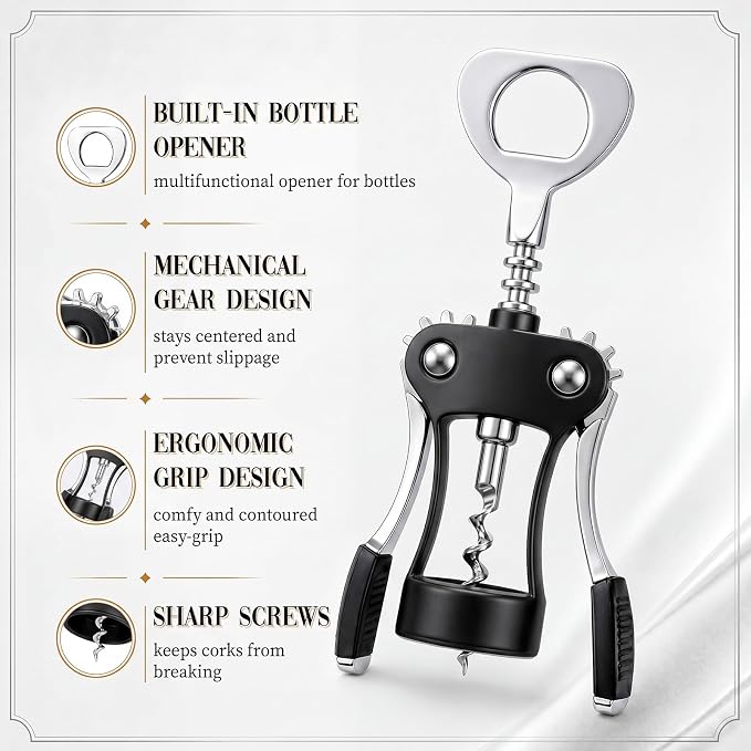 Hushee 5 Pcs Wing Corkscrew Opener, Zinc Alloy Heavy Duty Multifunctional Wine Bottle Opener for Restaurant, Bar, Waiters, Ideal for Wedding Shower Party Favors Gifts (Silicone,Black)
