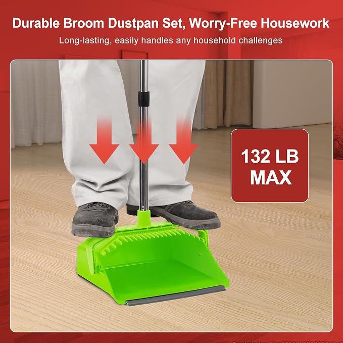 Tiumso Upgrade Broom with Dustpan Combo Set, Broom and Dustpan Set with 51'' Long Handle, Large Upright Brooms and Dust Pans, ZeroGap Lip, Self-Cleaning Teeth for Lobby and Restaurant - Light Green