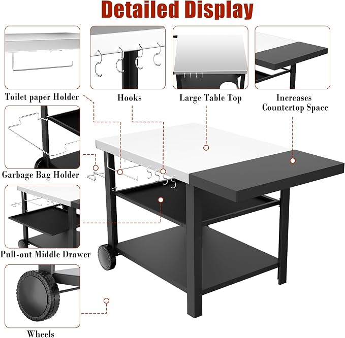 Outdoor Kitchen Island Cart with Side Table | 3-shelf movable prep station for Ninja Woodfire, Blackstone griddles and pizza ovens