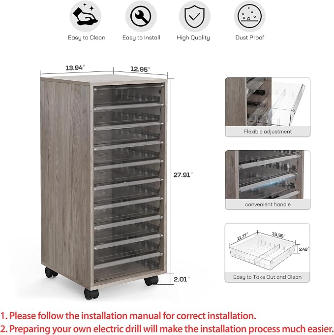 WOPITUES Storage Drawer Cart, Mobile Storage Cabinet, Makeup Storage with 10 Large Clear Drawers, Utility Wooden Rolling Cart on Wheels, for Cosmetic, Art Craft, Office Supplies, Toy, Grey