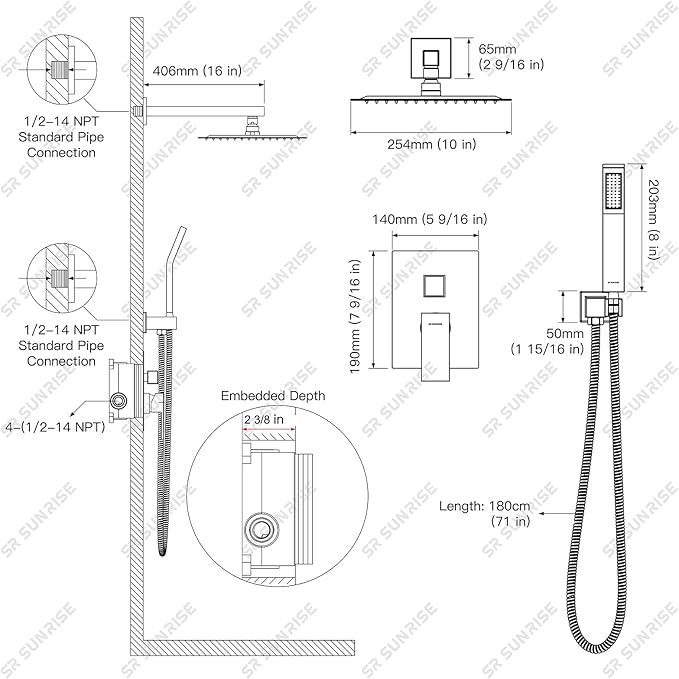 SR SUN RISE Black Square Rainfall Shower Head and Handle Set, Wall Mounted Shower Fixtures, Metal Shower Faucet Trim Repair Kits (With Shower Valve)