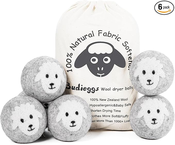 Budieggs Wool Dryer Balls Organic XL 6-Pack | 100% New Zealand Wool, Chemical-Free Natural Fabric Softener | Baby Safe, Hypoallergenic, Reduces Static & Drying Time | Lasts 1000+ Loads