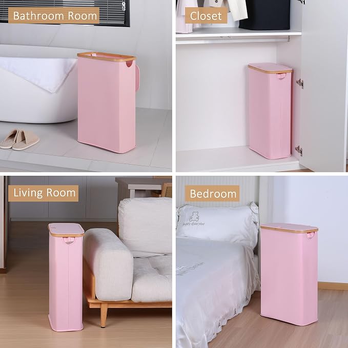iEGrow 65L Slim Laundry Hamper, Narrow Laundry Basket with Lid,Foldable Clothes Hamper with Bamboo Handles,Hamper Basket with Removable Inner Bag for Laundry Room Bedroom College Dorm,17.17 Gals Pink