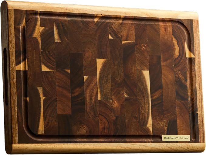 Premium Hardwood End Grain Cutting Board 15.8"x11.2"x1.2" | Dark Acacia Wood, Juice Groove, Crack Resistant Design, Solid Wood Chopping Board for Meat & Vegetable Prep