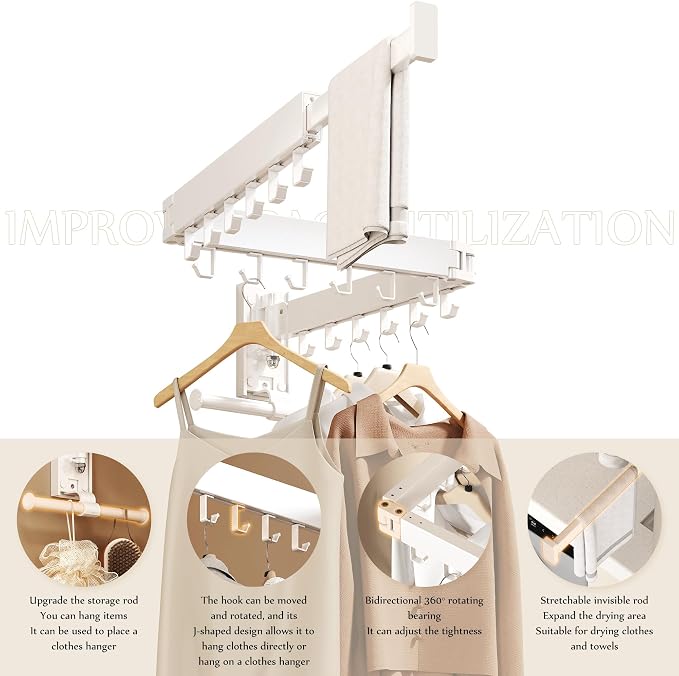Wall Mounted Collapsible Clothes Drying Rack, Space-Saving Laundry Drying Rack Clothing Hanger, Durable Foldable Design Extends Left, Right & Up for Upgraded Versatility