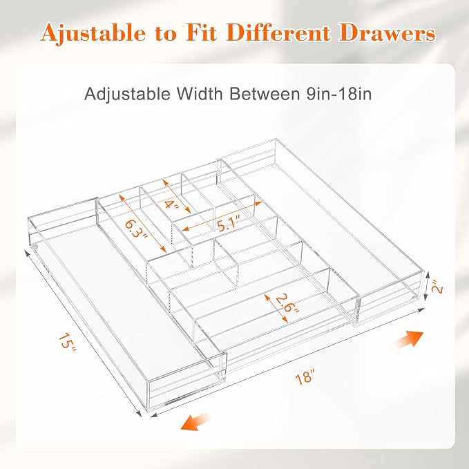 Briwooody 1 Pcs Acrylic Desk Drawer Organizer 9'' up to 17'' x 15'' x 2.1'' Expandable Drawer Organizer Trays with 9 Adjustable Compartments Clear Desk Accessories for Makeup Office Bathroom
