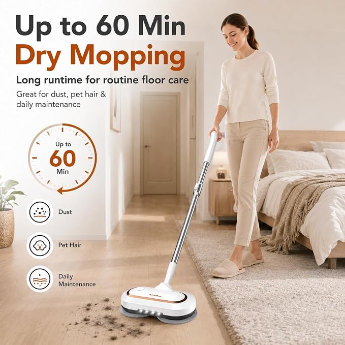 AlfaBot Cordless Electric Mop, Dual Spin Power Floor Cleaner with LED Headlight and Water Spray, 60-Min Runtime Self-Propelled Mop with Adjustable Tube for Hardwood, Tile, Marble and Vinyl Floors