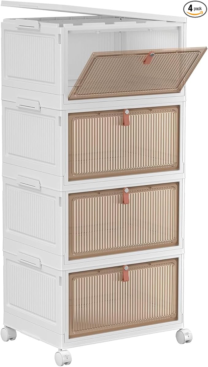 YFXCVSL 4 Tier Plastic Storage Bins with Lid 28QT - Stackable Storage Containers with Wheels, Folding Storage Boxes, Collapsible Storage Bins, Closet Organizers and Storage